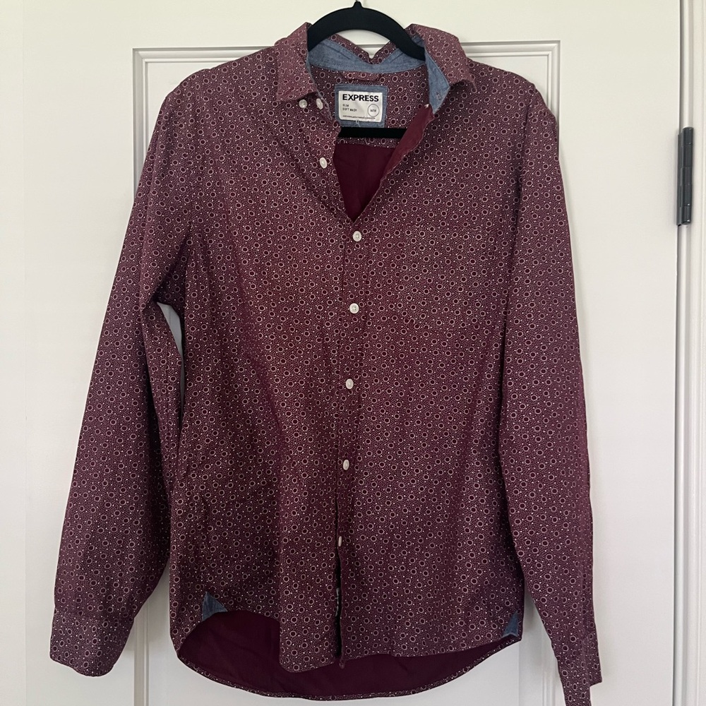 Express Men's Burgundy Patterned Shirt, Size M